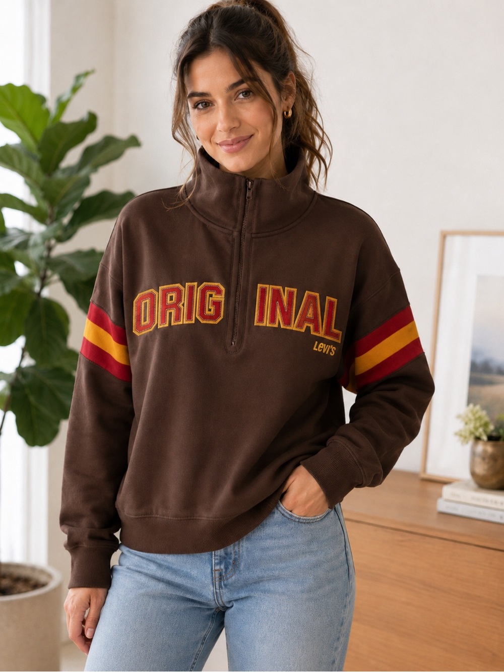 Y2K Levi's Brown Quarter-Zip Sweatshirt with Red & Yellow Stripes